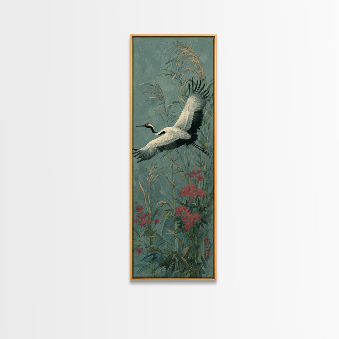 Black Ink Crane Flying Across Empty Sky Canvas Print, Black and White Art, Boho Decor, Living Room Decor, Oil Painting, BAW-1x3-97