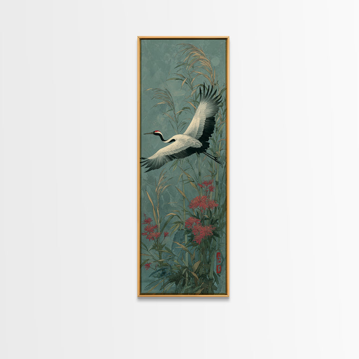 Black Ink Crane Flying Across Empty Sky Canvas Print, Black and White Art, Boho Decor, Living Room Decor, Oil Painting, BAW-1x3-97