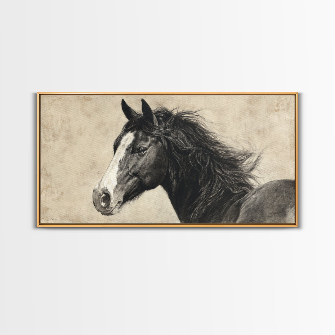 Black and White Wild Horse Portrait Framed Canvas Print, Black and White Art, Art Print, Living Room Decor, Monochrome, BAW-2x1-1