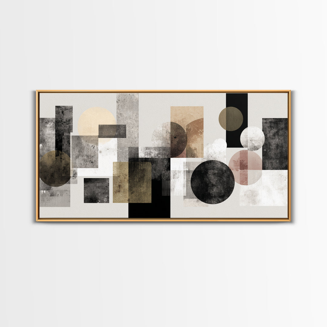 Geometric Bauhaus Grayscale Shapes Framed Canvas Print, Black and White Art, Luxury Decor, Living Room Decor, Abstract Art, BAW-2x1-14