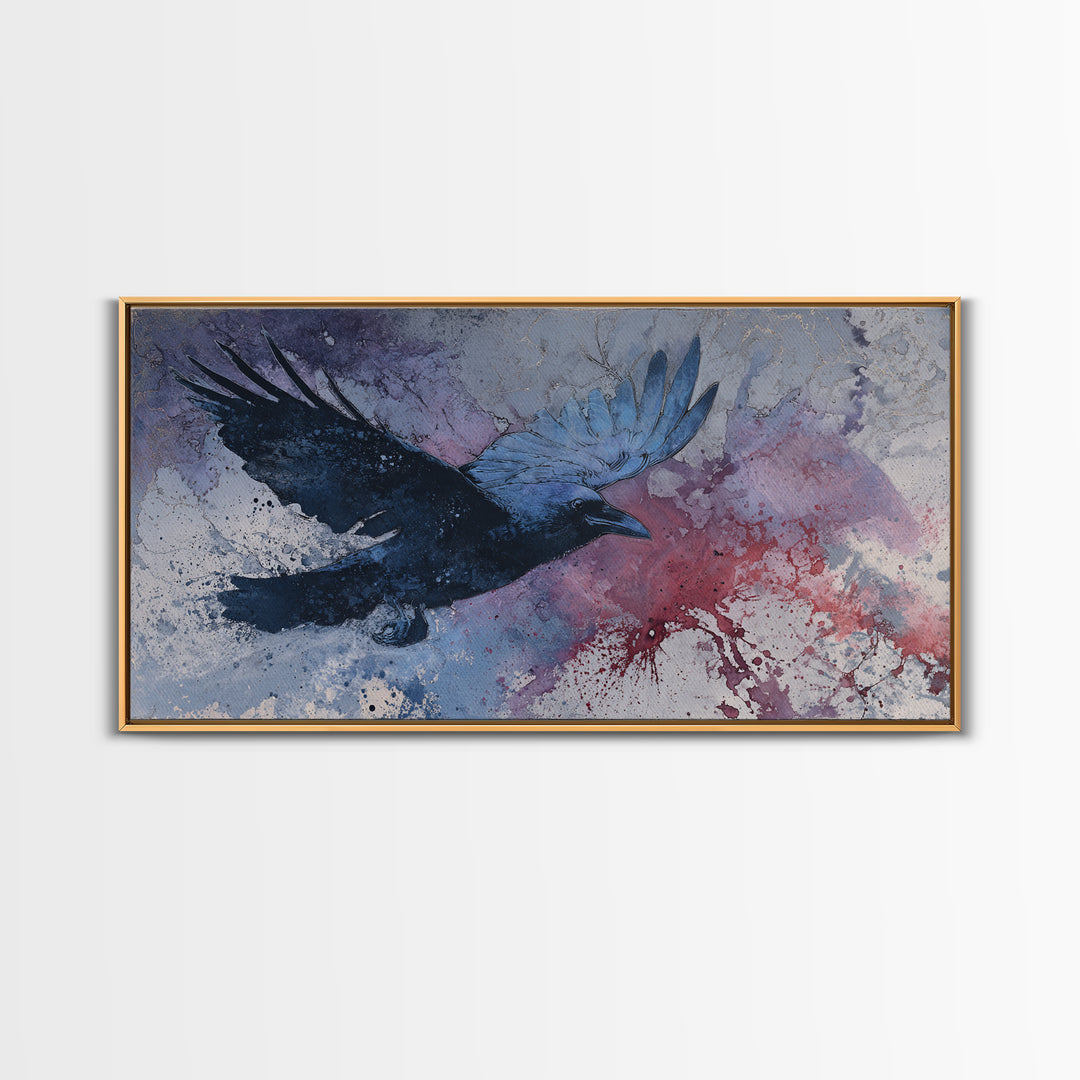 Ink Splatter Raven Composition Framed Canvas Print, Black and White Art, Fine Art Print, Living Room Decor, Monochrome, BAW-2x1-16