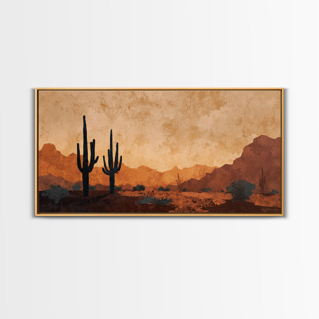 Monochrome Desert Cactus Silhouette Canvas Print, Black and White Art, Print, Living Room Decor, Watercolor Art, Monochrome, BAW-2x1-17