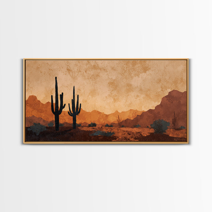 Monochrome Desert Cactus Silhouette Canvas Print, Black and White Art, Print, Living Room Decor, Watercolor Art, Monochrome, BAW-2x1-17