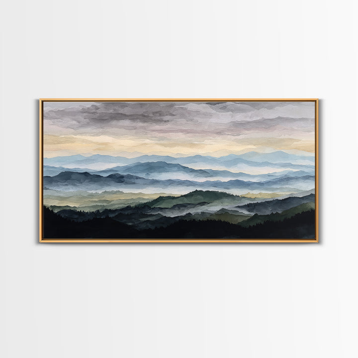 Black Ink Mountain Range Canvas Print, Black and White Art, Textured Painting, Living Room Decor, Watercolor Art, Monochrome, BAW-2x1-22