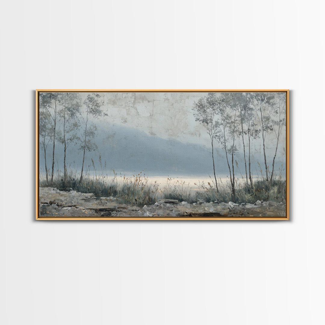 Moody Foggy Forest Framed Canvas Print, Black and White Art, Boho Decor, Living Room Decor, Monochrome, Halloween Decor, BAW-2x1-27