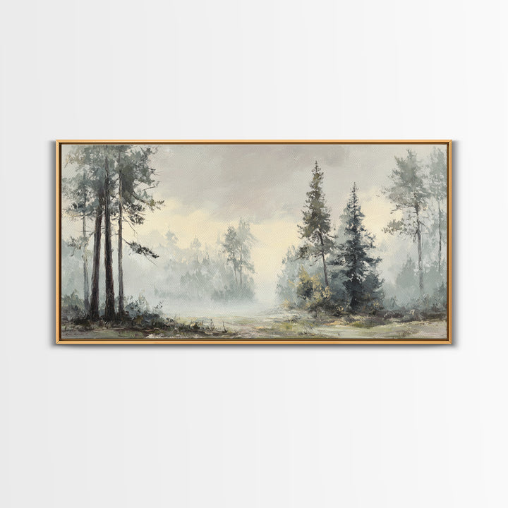 Moody Foggy Forest Framed Canvas Print, Black and White Art, Gothic Decor, Living Room Decor, Oil Painting, Monochrome, BAW-2x1-3