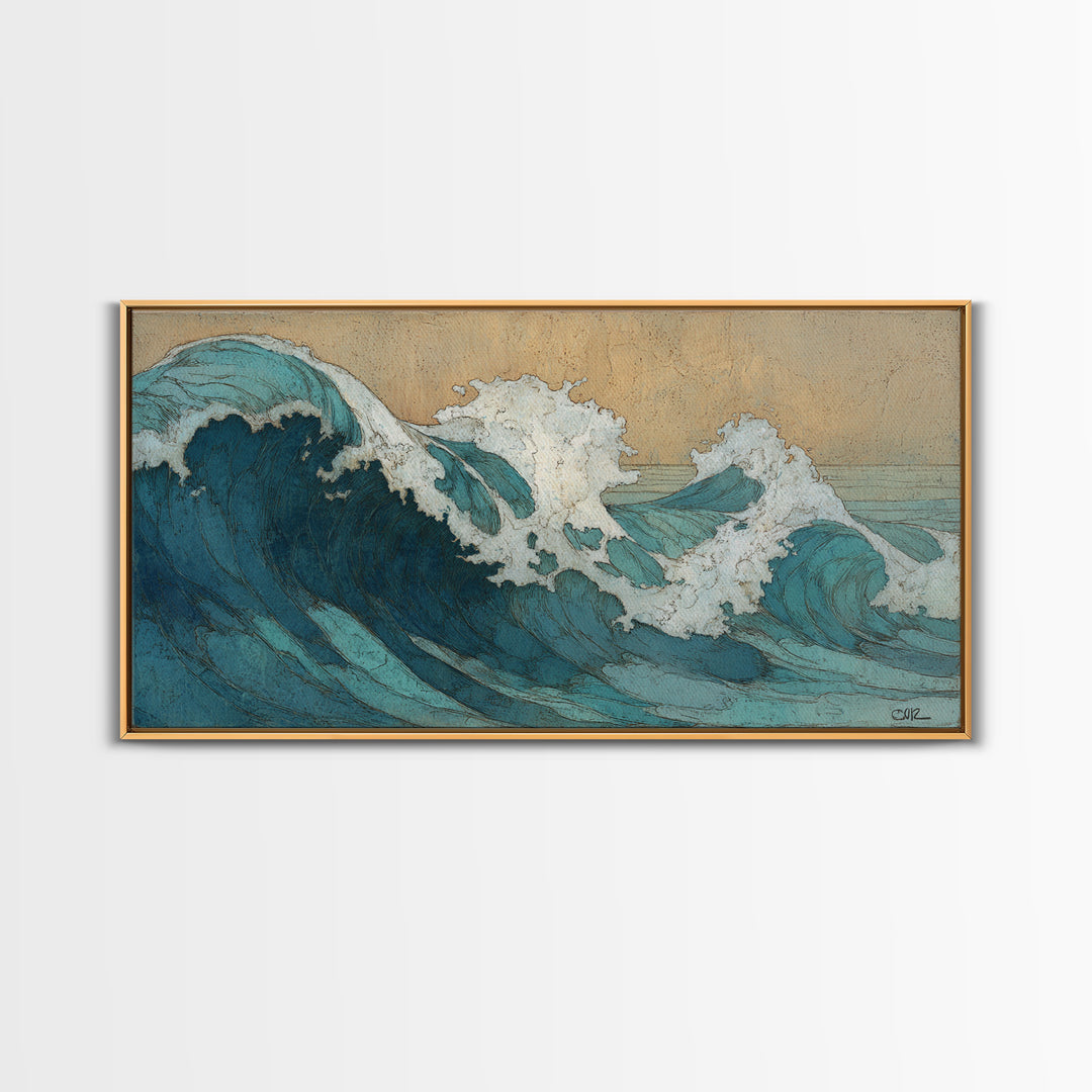 Stormy Ocean Wave Framed Canvas Print, Black and White Art, Minimalist Decor, Living Room Decor, Oil Painting, Monochrome, BAW-2x1-30