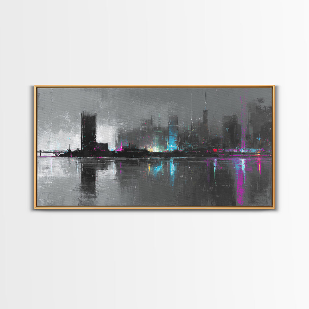 Monochrome City Skyline Reflected Canvas Print, Black and White Art, Living Room Decor, Abstract Art, Monochrome, BAW-2x1-31