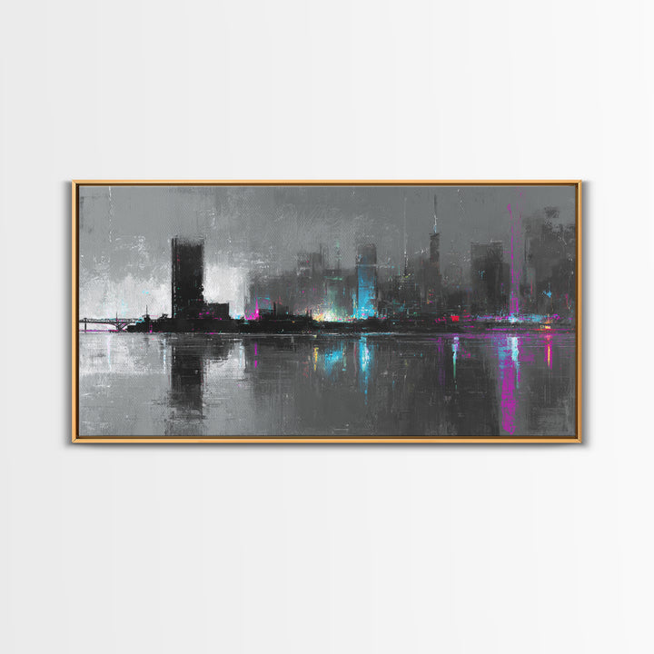 Monochrome City Skyline Reflected Canvas Print, Black and White Art, Living Room Decor, Abstract Art, Monochrome, BAW-2x1-31