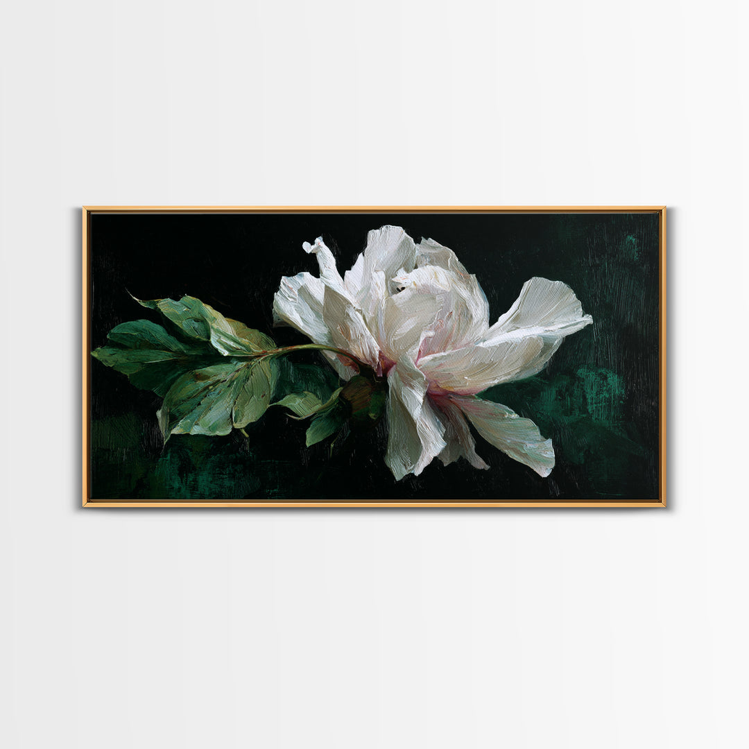 White Flower on Deep Black Background Canvas Print, Black and White Art, Wall Art, Living Room Decor, Watercolor Art, BAW-2x1-32