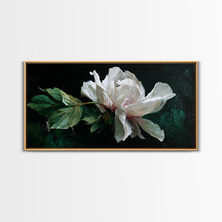 White Flower on Deep Black Background Canvas Print, Black and White Art, Wall Art, Living Room Decor, Watercolor Art, BAW-2x1-32