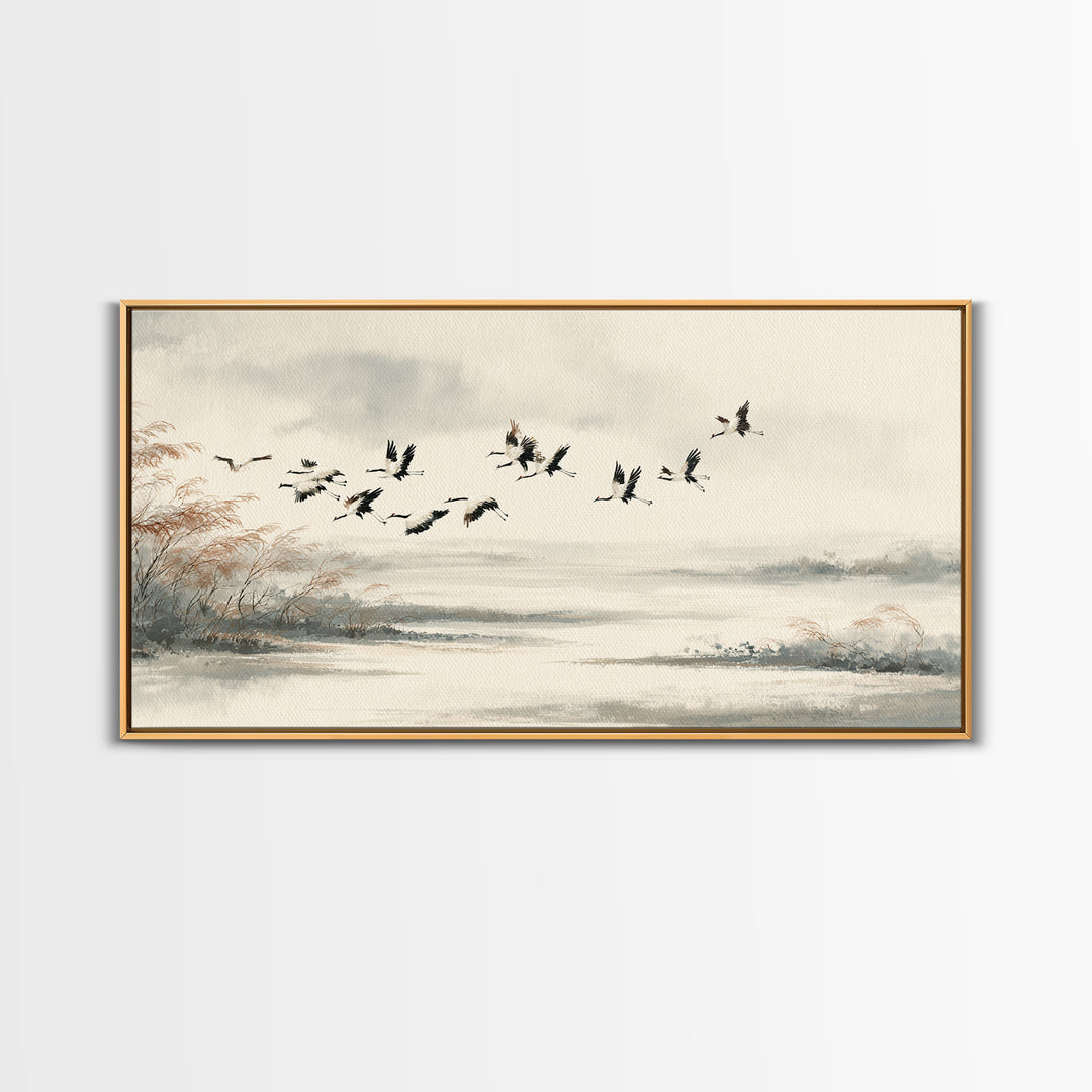 Black Ink Crane Flying Across Empty Sky Canvas Print, Black and White Art, Digital Prints, Living Room Decor, Monochrome, BAW-2x1-33