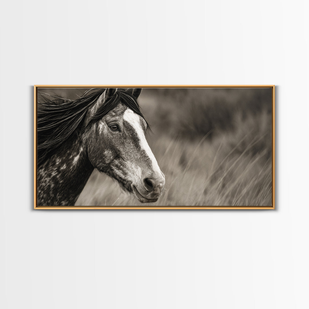 Black and White Wild Horse Portrait Canvas Print, Black and White Art, Large Wall Art, Living Room Decor, Fine Art, Monochrome, BAW-2x1-49