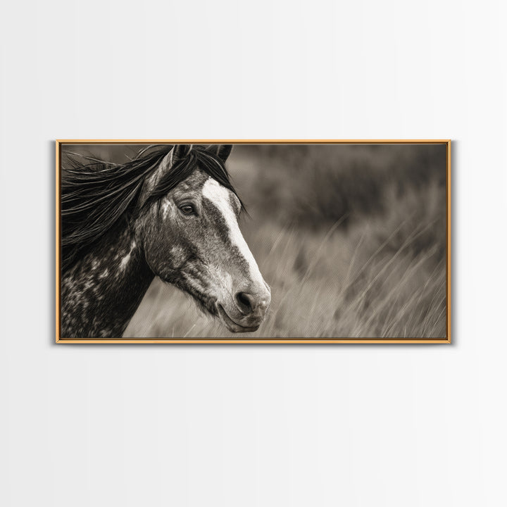 Black and White Wild Horse Portrait Canvas Print, Black and White Art, Large Wall Art, Living Room Decor, Fine Art, Monochrome, BAW-2x1-49