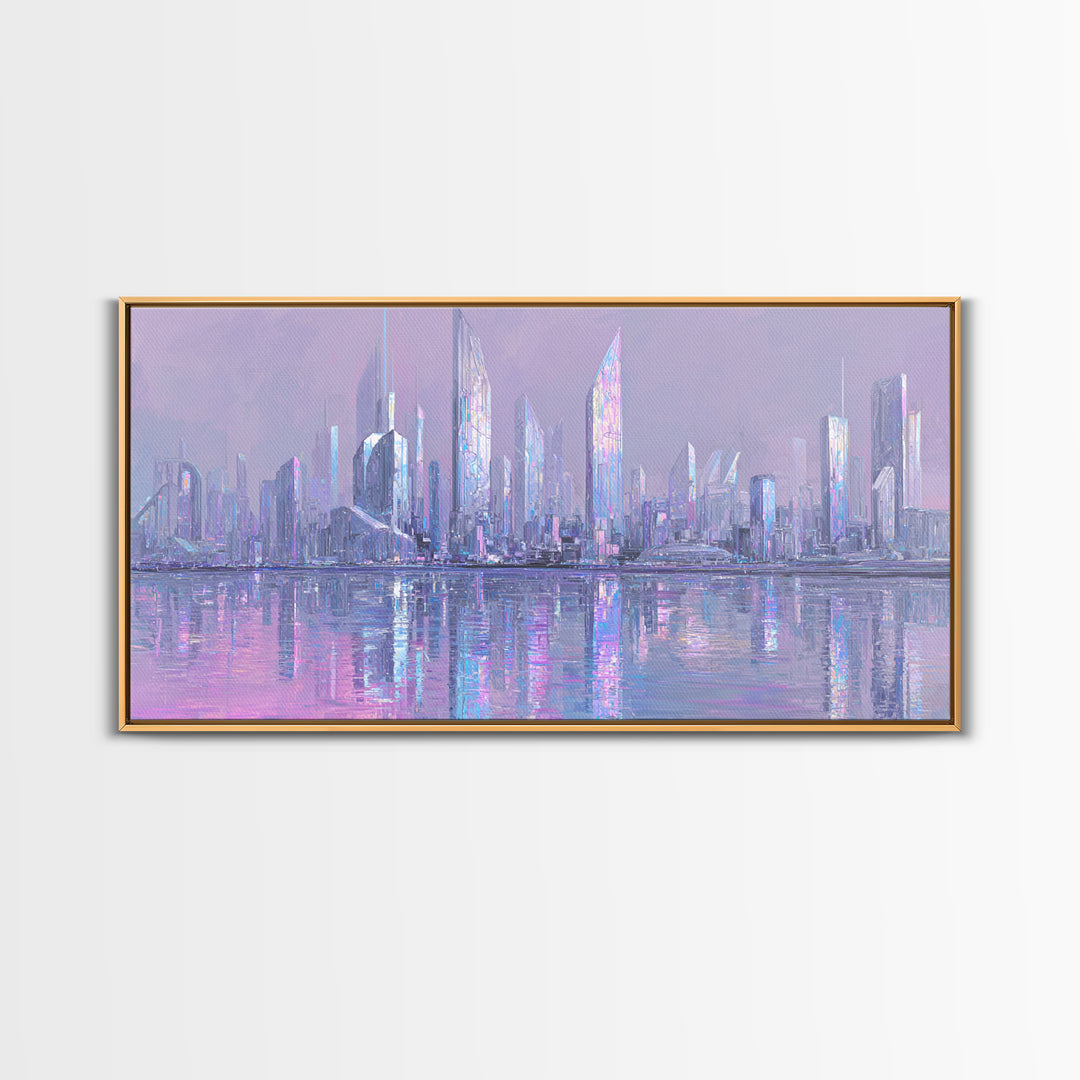 Monochrome City Skyline Reflected Framed Canvas Print, Black and White Art, Wood Wall Art, Living Room Decor, Monochrome, BAW-2x1-55