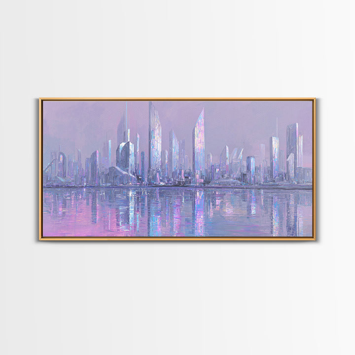 Monochrome City Skyline Reflected Framed Canvas Print, Black and White Art, Wood Wall Art, Living Room Decor, Monochrome, BAW-2x1-55