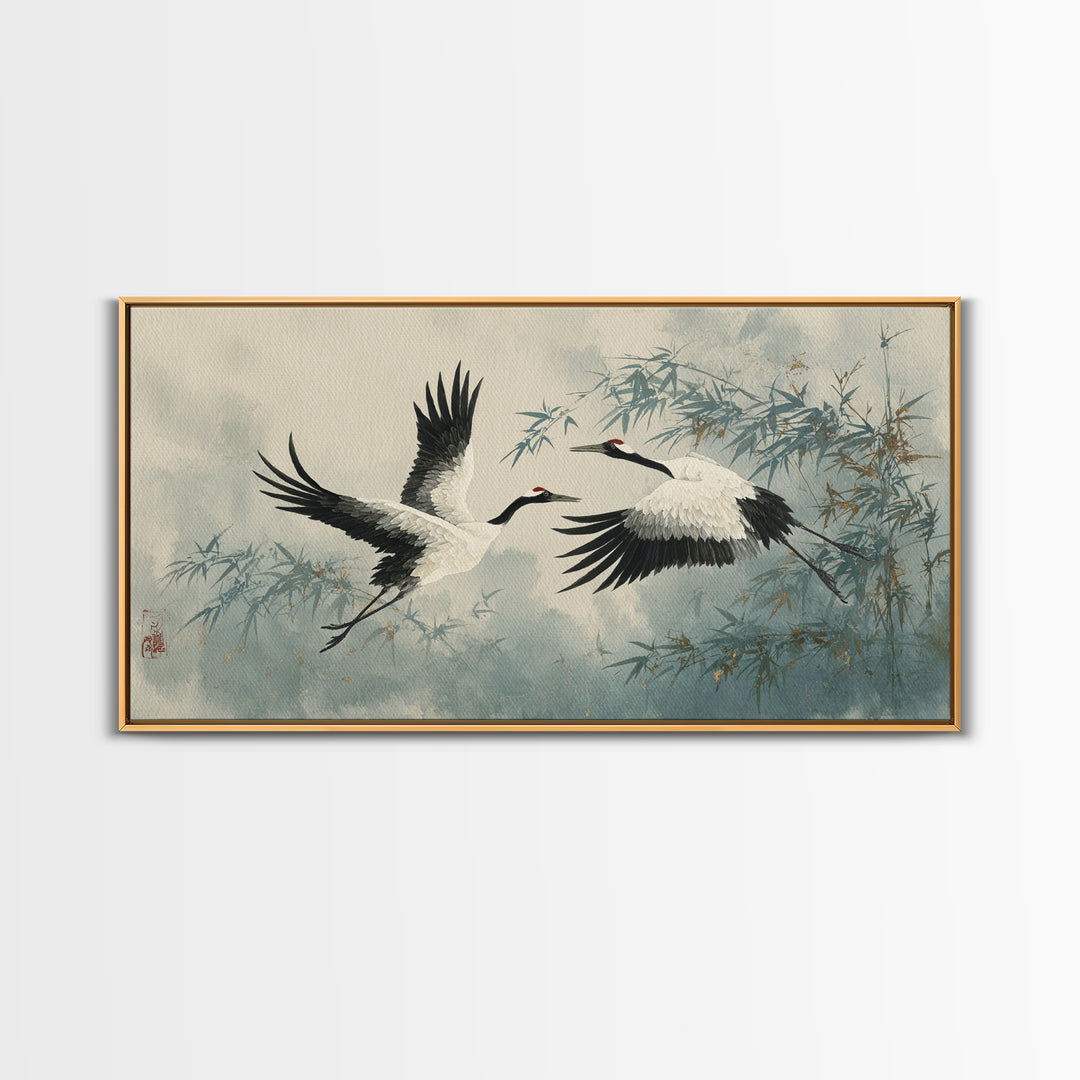 Black Ink Crane Flying Across Empty Sky Canvas Print, Black and White Art, Printable, Living Room Decor, Fine Art, Monochrome, BAW-2x1-57