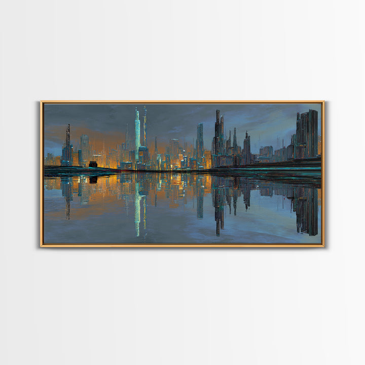 Monochrome City Skyline Reflected Framed Canvas Print, Black and White Art, Halloween Decor, Living Room Decor, Abstract Art, BAW-2x1-7