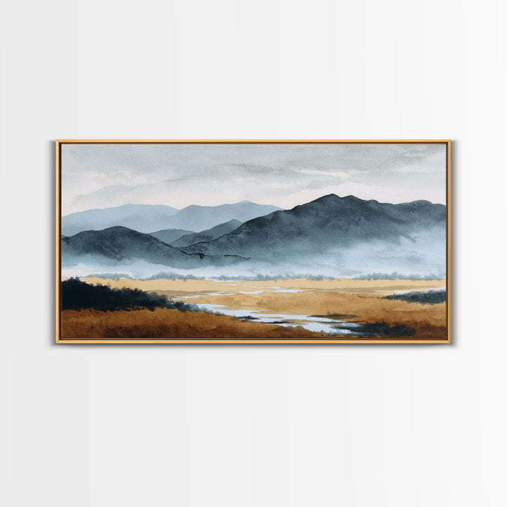 Black Ink Mountain Range Canvas Print, Black and White Art, Living Room Decor, Oil Painting, Monochrome, Abstract Wall Art, BAW-2x1-70