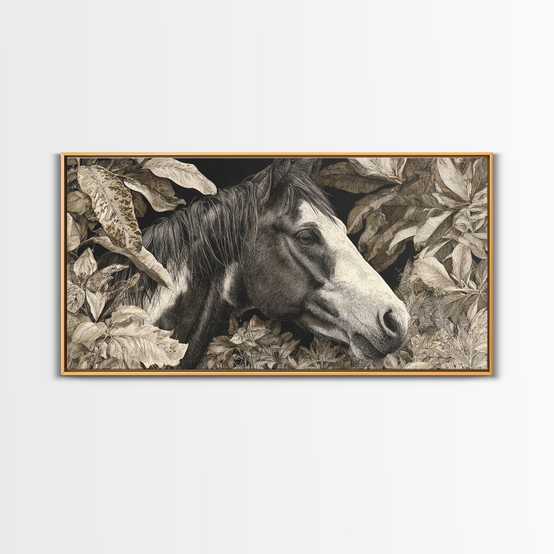 Black and White Wild Horse Portrait Canvas Print, Black and White Art, Large Wall Art, Living Room Decor, Fine Art, Monochrome, BAW-2x1-73