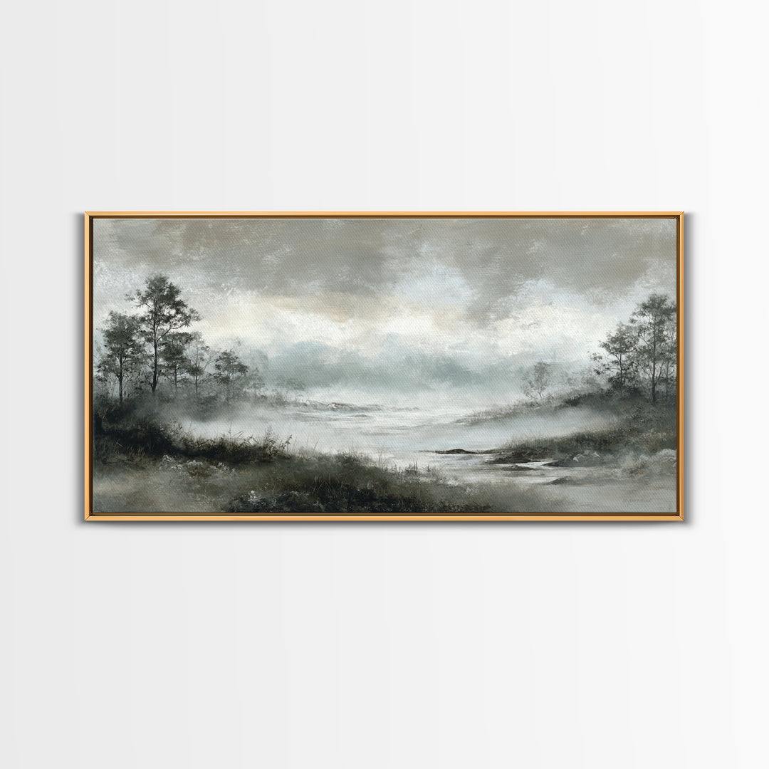 Moody Foggy Forest Framed Canvas Print, Black and White Art, Room Decor, Living Room Decor, Fine Art, Monochrome, Art Print, BAW-2x1-75