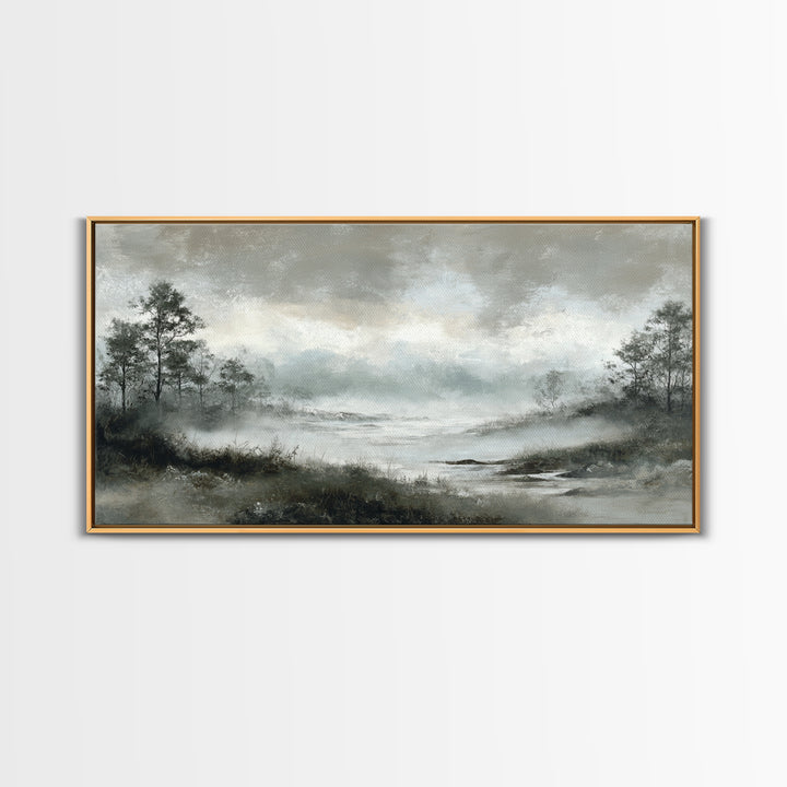 Moody Foggy Forest Framed Canvas Print, Black and White Art, Room Decor, Living Room Decor, Fine Art, Monochrome, Art Print, BAW-2x1-75