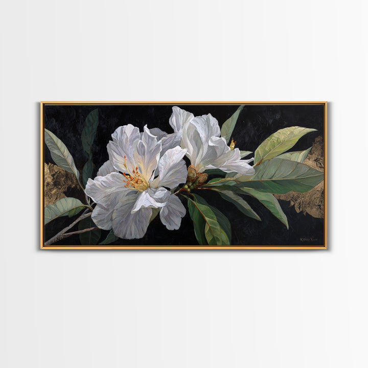 White Flower on Deep Black Background Canvas Print, Black and White Art, Luxury Decor, Living Room Decor, Monochrome, BAW-2x1-8