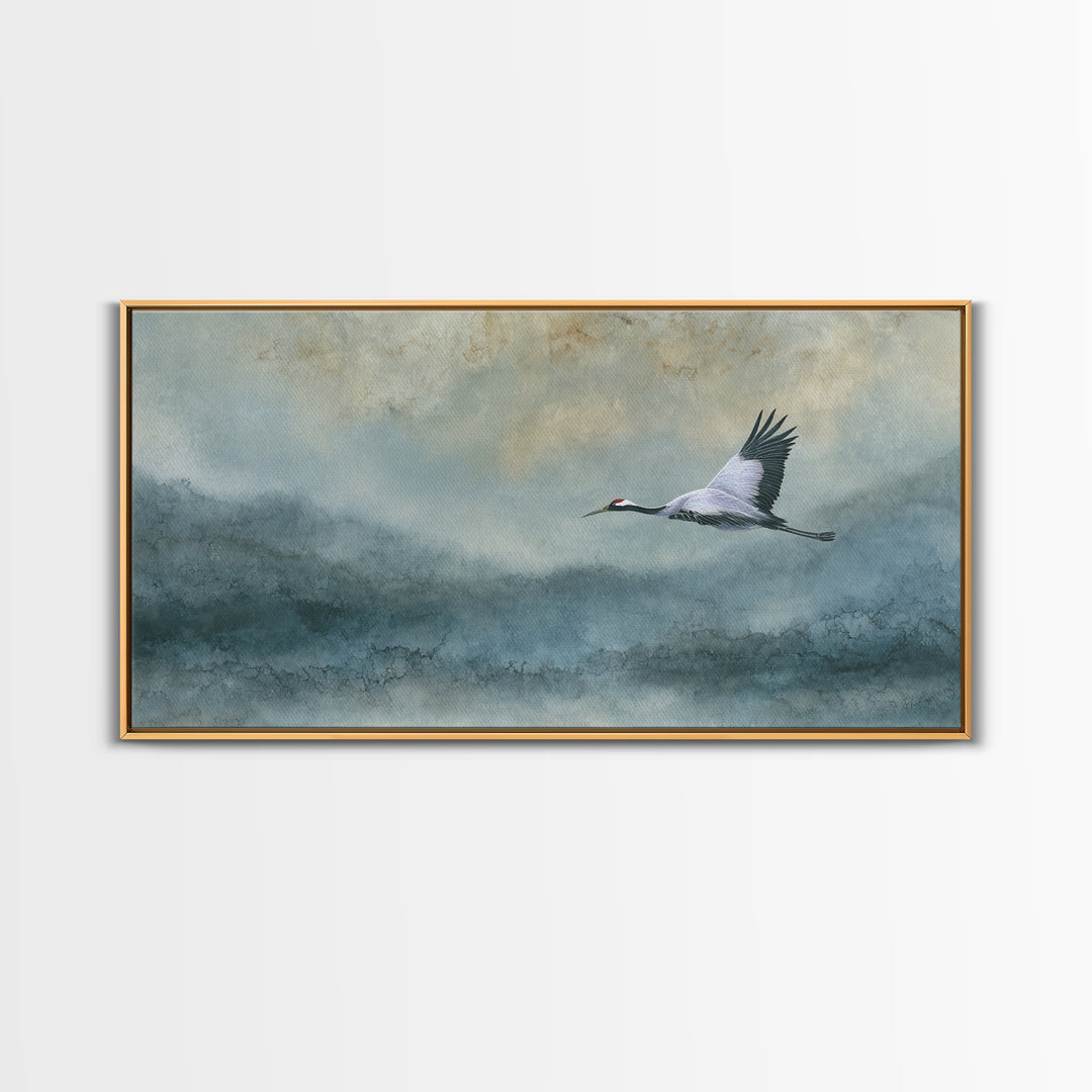 Black Ink Crane Flying Across Empty Sky Canvas Print, Black and White Art, Abstract Art, Living Room Decor, Monochrome, BAW-2x1-81