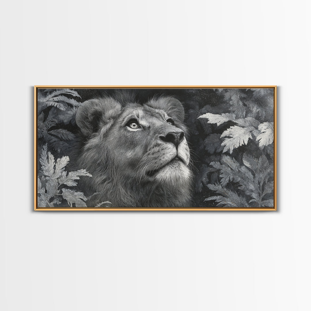 Dramatic Black and White Lion Portrait Framed Canvas Print, Black and White Art, Wood Wall Art, Living Room Decor, Monochrome, BAW-2x1-85