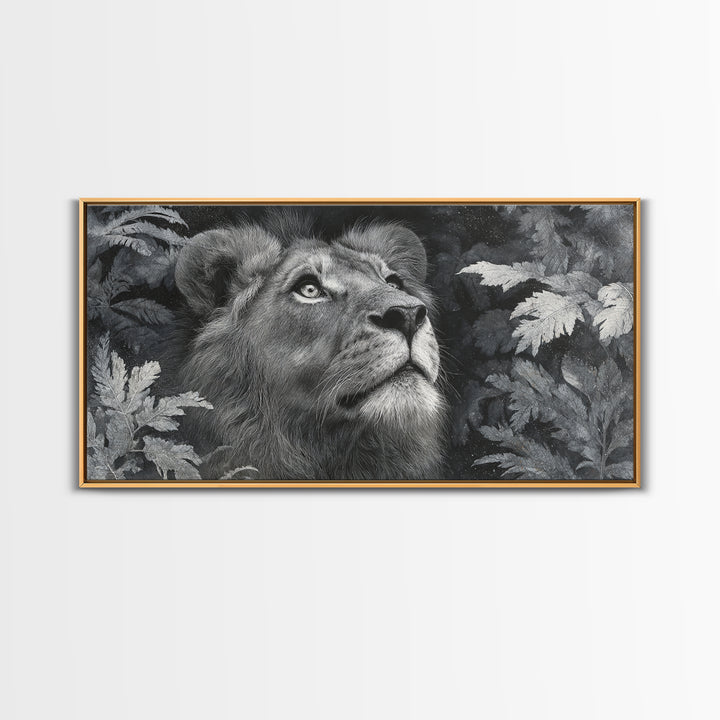Dramatic Black and White Lion Portrait Framed Canvas Print, Black and White Art, Wood Wall Art, Living Room Decor, Monochrome, BAW-2x1-85