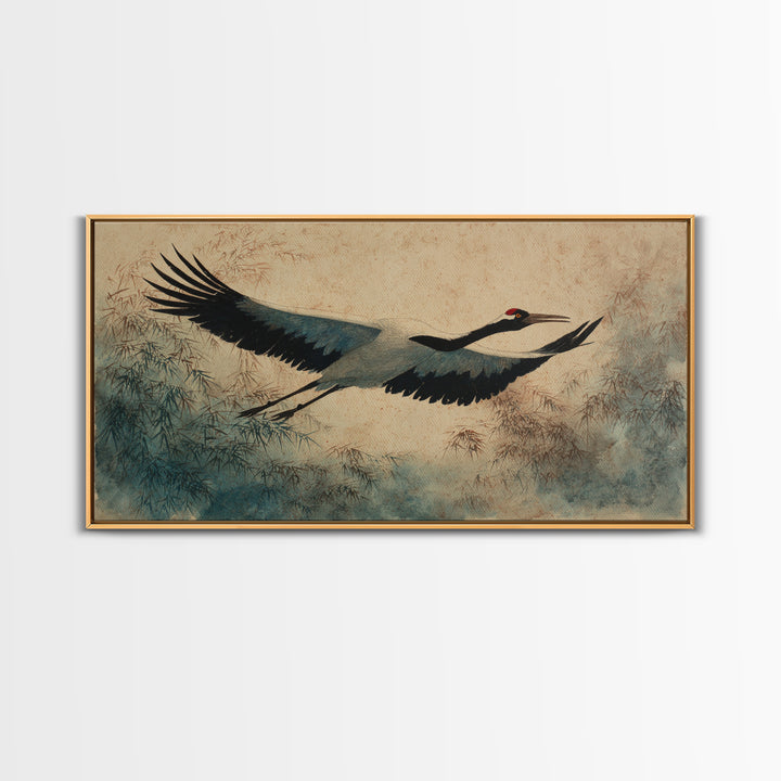 Black Ink Crane Flying Across Empty Sky Canvas Print, Black and White Art, Digital Prints, Living Room Decor, Monochrome, BAW-2x1-9
