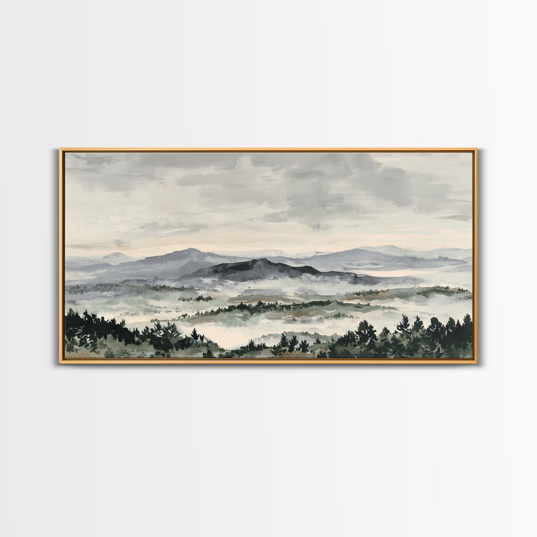 Black Ink Mountain Range Canvas Print, Black and White Art, Living Room Decor, Oil Painting, Monochrome, Abstract Wall Art, BAW-2x1-94