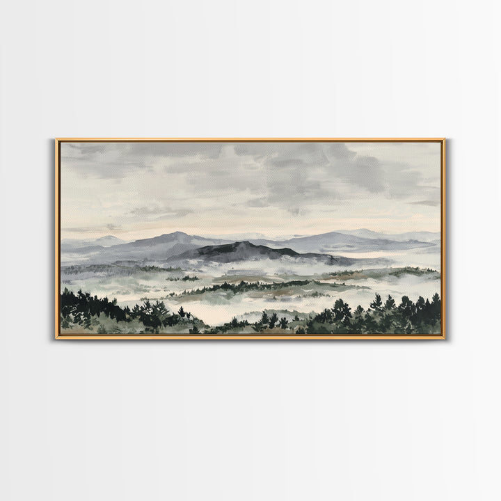 Black Ink Mountain Range Canvas Print, Black and White Art, Living Room Decor, Oil Painting, Monochrome, Abstract Wall Art, BAW-2x1-94