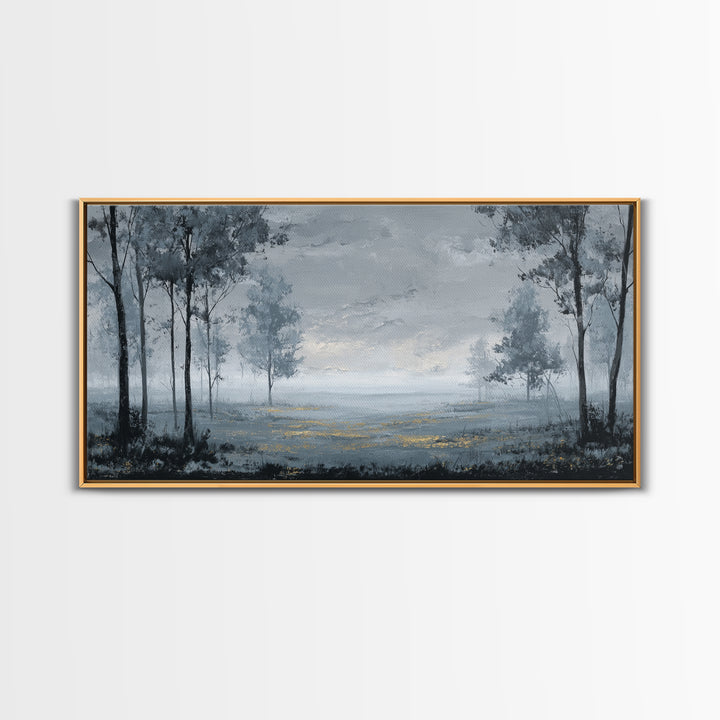 Moody Foggy Forest Framed Canvas Print, Black and White Art, Printable Art, Living Room Decor, Monochrome, Gallery Decor, BAW-2x1-99