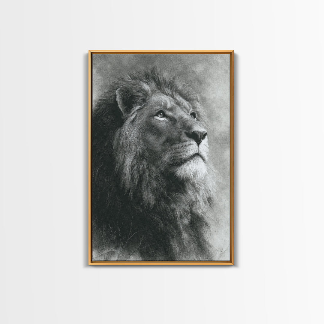 Dramatic Black and White Lion Portrait Framed Canvas Print, Black and White Art, Art Print, Living Room Decor, Monochrome, BAW-2x3-1