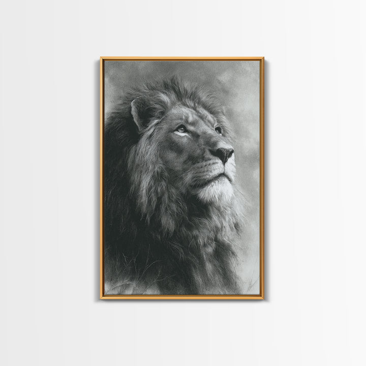 Dramatic Black and White Lion Portrait Framed Canvas Print, Black and White Art, Art Print, Living Room Decor, Monochrome, BAW-2x3-1