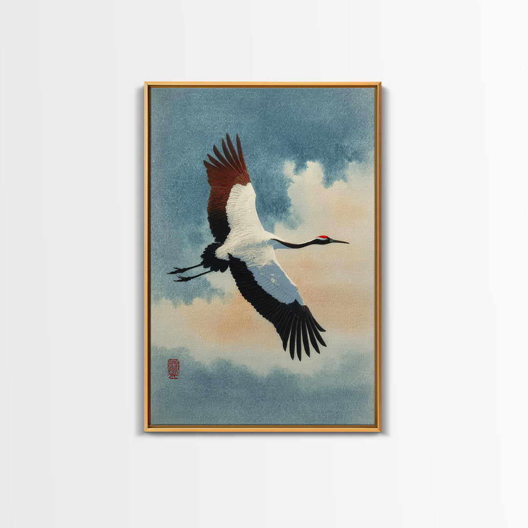 Black Ink Crane Flying Across Empty Sky Canvas Print, Black and White Art, Art Prints, Living Room Decor, Monochrome, BAW-2x3-21