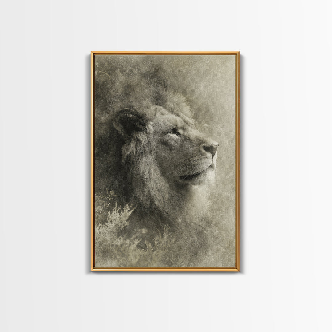 Dramatic Black and White Lion Portrait Framed Canvas Print, Black and White Art, Art Print, Living Room Decor, Monochrome, BAW-2x3-25