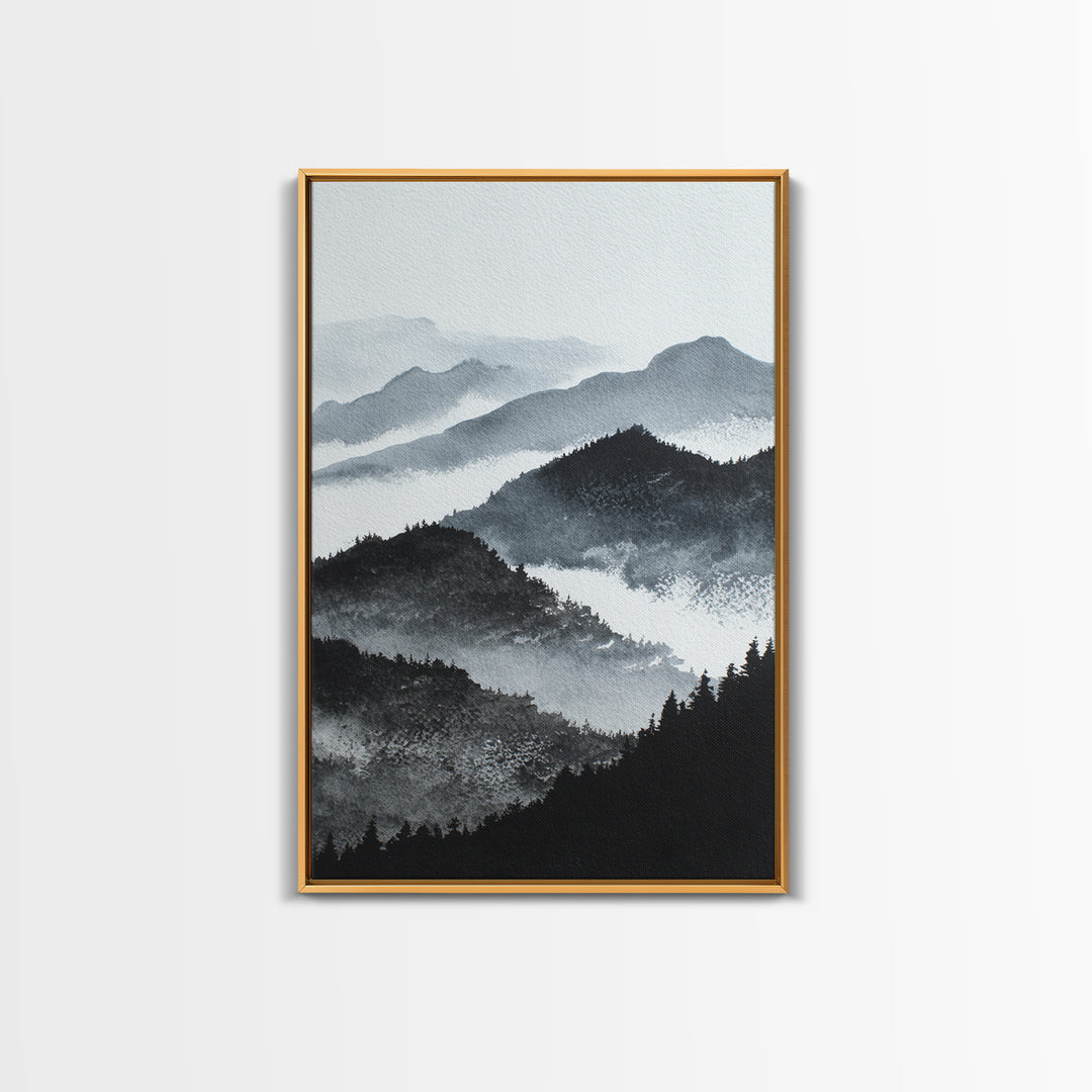 Black Ink Mountain Range Framed Canvas Print, Black and White Art, Halloween Decor, Living Room Decor, Fine Art, Monochrome, BAW-2x3-34