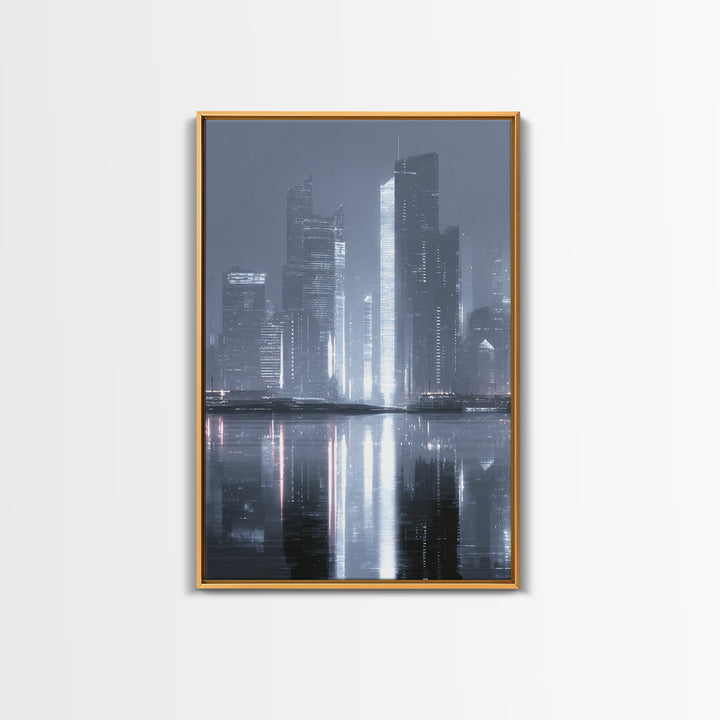 Monochrome City Skyline Reflected Canvas Print, Black and White Art, Printable Wall Art, Living Room Decor, Monochrome, BAW-2x3-43