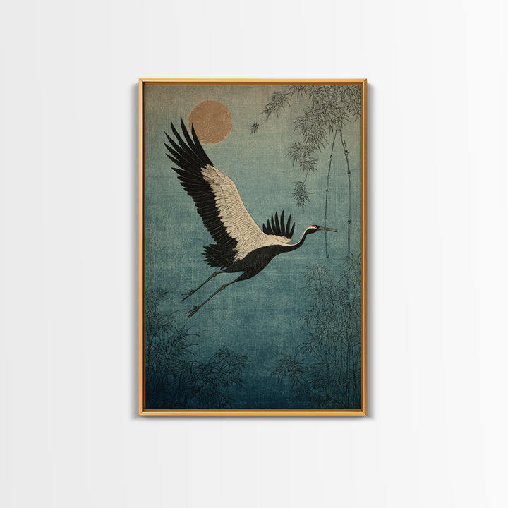 Black Ink Crane Flying Across Empty Sky Canvas Print, Black and White Art, Gothic Decor, Living Room Decor, Monochrome, BAW-2x3-45