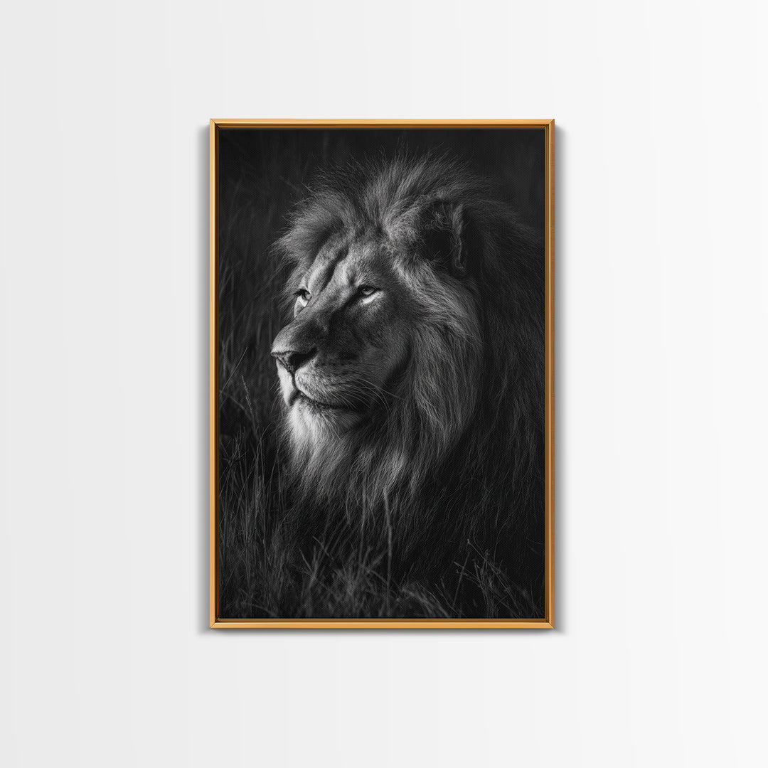 Dramatic Black and White Lion Portrait Canvas Print, Black and White Art, Large Wall Art, Living Room Decor, Monochrome, BAW-2x3-49