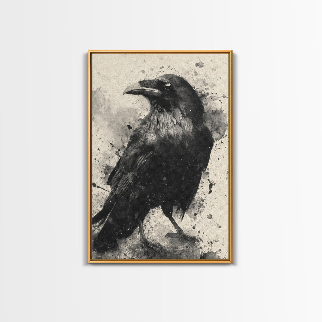 Ink Splatter Raven Composition Framed Canvas Print, Black and White Art, Art, Living Room Decor, Fine Art, Monochrome, BAW-2x3-52