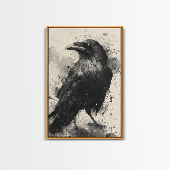 Ink Splatter Raven Composition Framed Canvas Print, Black and White Art, Art, Living Room Decor, Fine Art, Monochrome, BAW-2x3-52