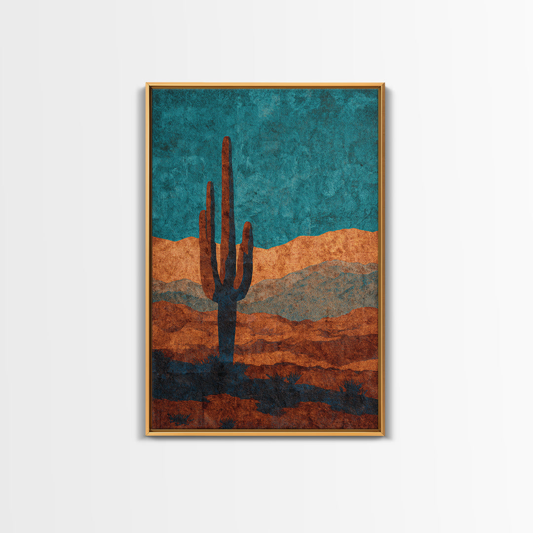 Monochrome Desert Cactus Silhouette Framed Canvas Print, Black and White Art, Original Art, Living Room Decor, Monochrome, BAW-2x3-53