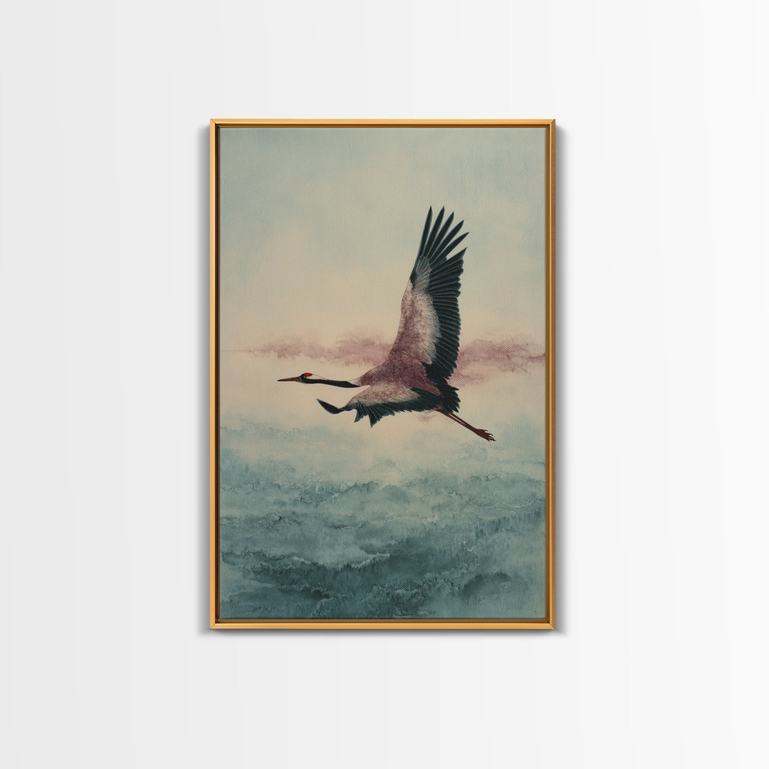 Black Ink Crane Flying Across Empty Sky Framed Canvas Print, Black and White Art, Printable Art, Living Room Decor, Monochrome, BAW-2x3-69