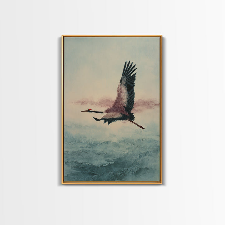 Black Ink Crane Flying Across Empty Sky Framed Canvas Print, Black and White Art, Printable Art, Living Room Decor, Monochrome, BAW-2x3-69