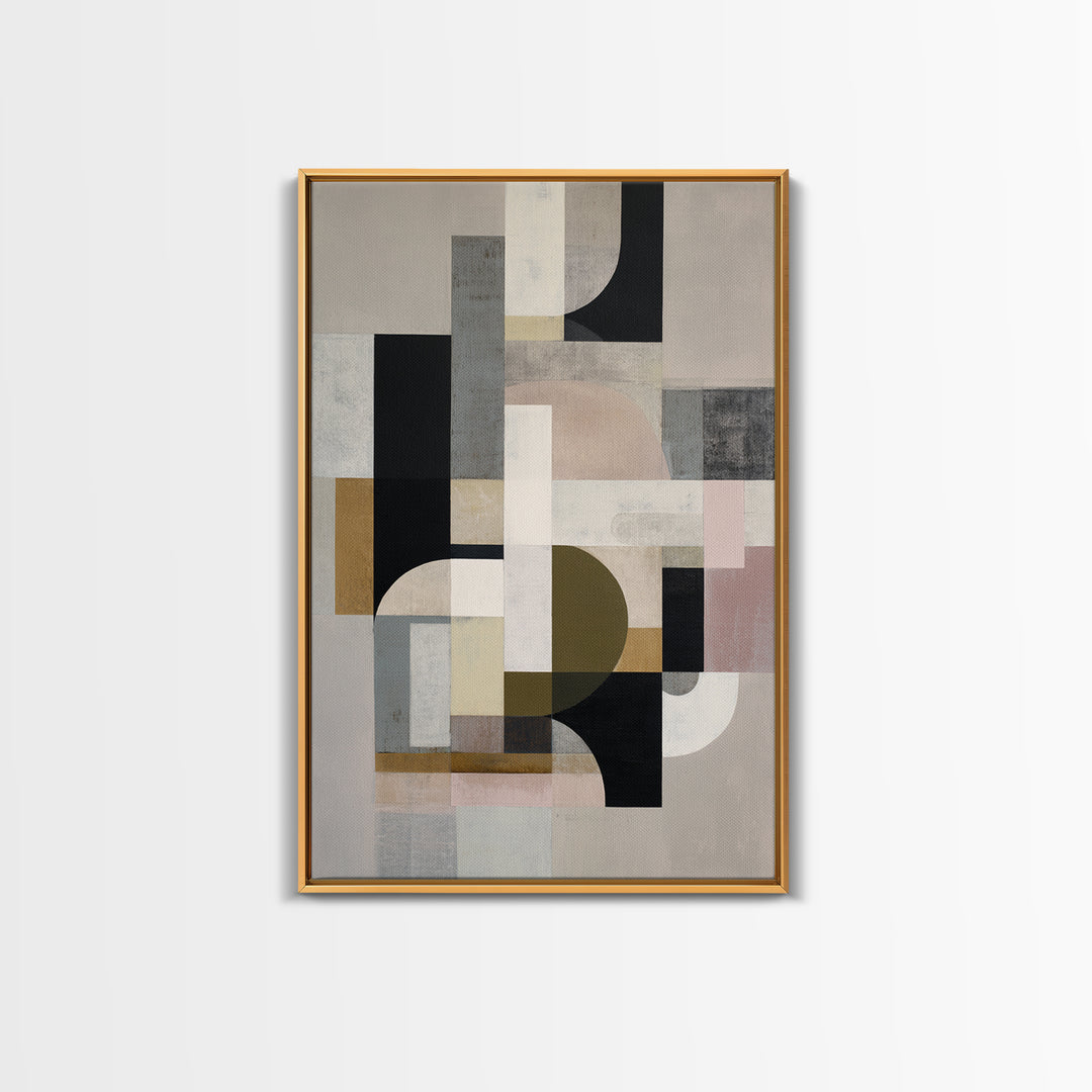 Geometric Bauhaus Grayscale Shapes Framed Canvas Print, Black and White Art, Digital Art, Living Room Decor, Abstract Art, BAW-2x3-74