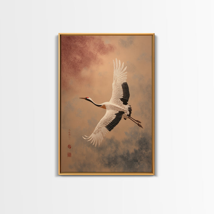 Black Ink Crane Flying Across Empty Sky Framed Canvas Print, Black and White Art, Printable Art, Living Room Decor, Monochrome, BAW-2x3-93