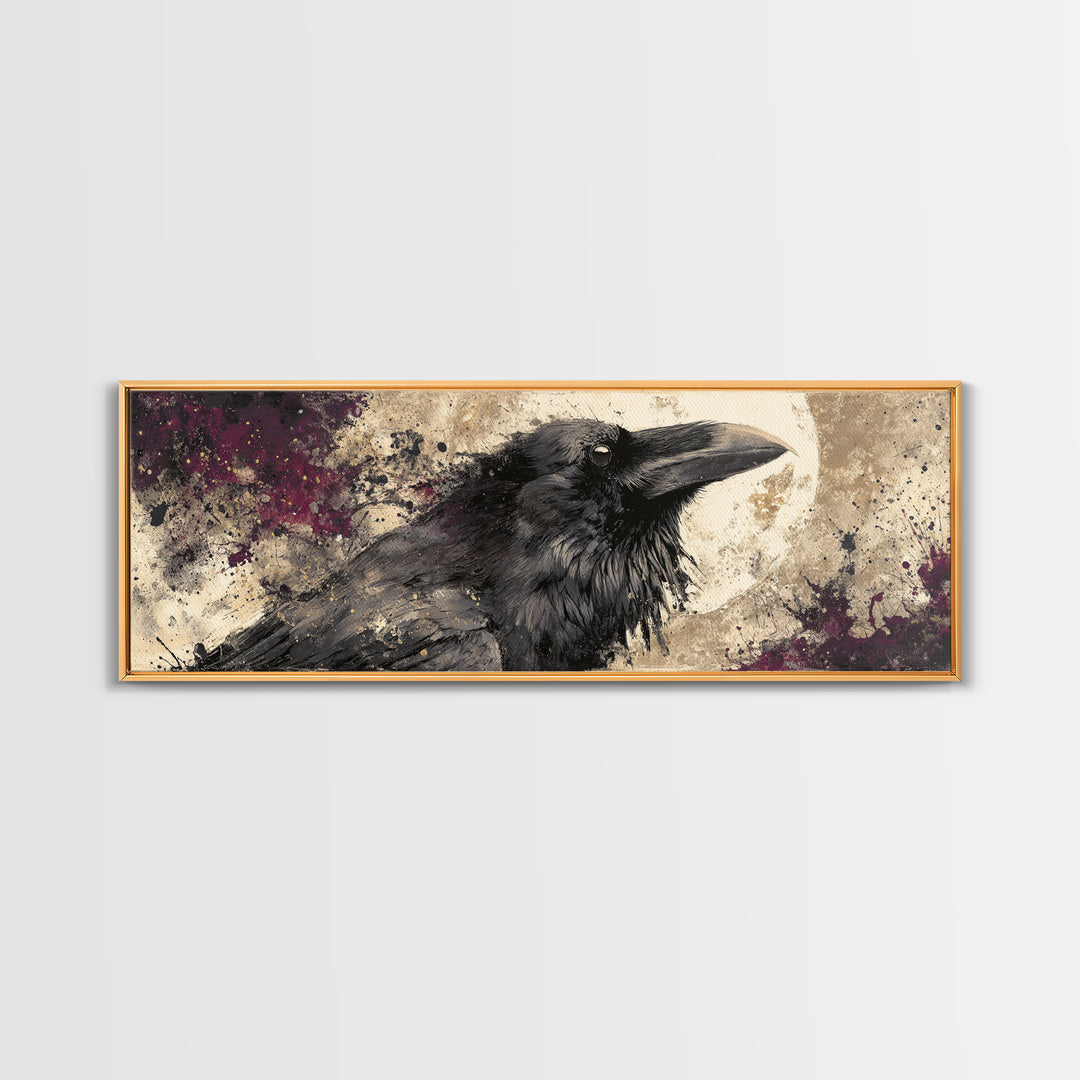 Ink Splatter Raven Composition Framed Canvas Print, Black and White Art, Photography Prints, Living Room Decor, Monochrome, BAW-3x1-12
